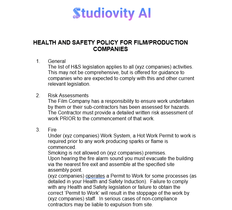 Studiovity AI Health and Safety Policy for Film/Production Companies document, listing detailed clauses for General responsibilities, Risk Assessments, and Fire safety protocols on a film set.