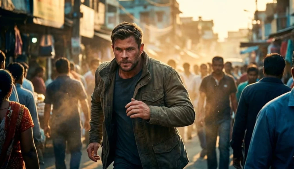 Cinematic shot of a proactive male protagonist running through a crowded street demonstrating high stakes and narrative drive.