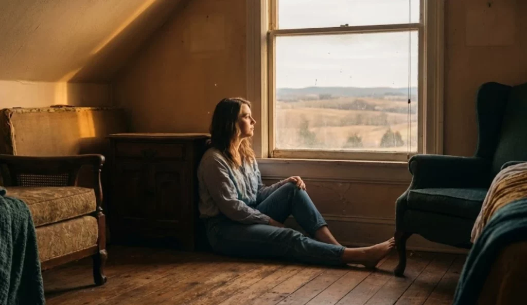 Pensive female character sitting on the floor looking out a window representing a reactive protagonist or emotional character arc.