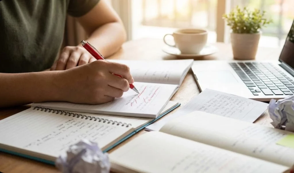 Close up of a screenwriter editing notes on paper next to a laptop to fix passive characters and improve script structure.