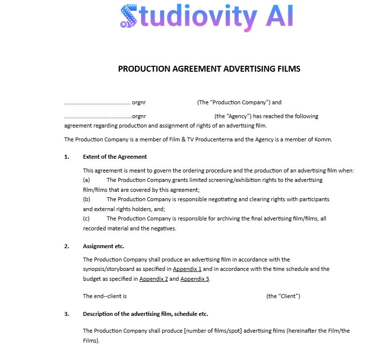 First page of the Studiovity AI advertising films production agreement template, detailing the parties involved, the extent of the agreement (Clause 1), and the assignment scope (Clause 2).
