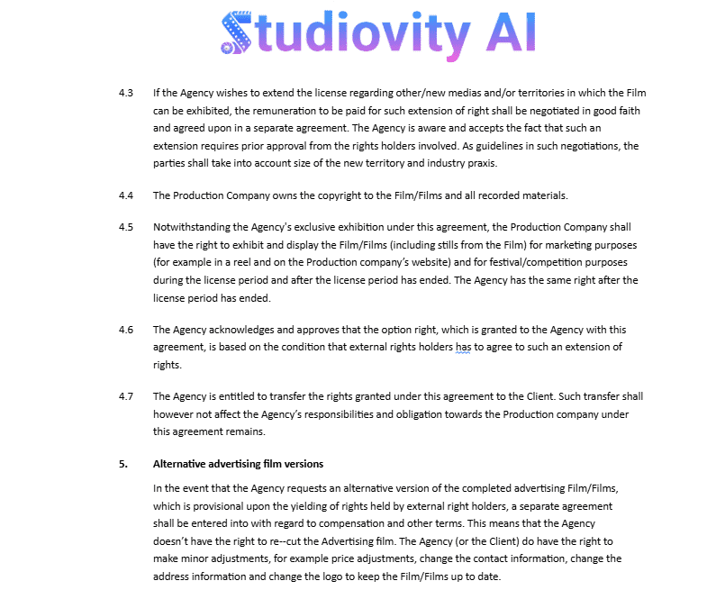 Detailed view of contract clauses 4.3 to 5 in the advertising films production agreement, covering license extensions, copyright ownership, and alternative film versions.