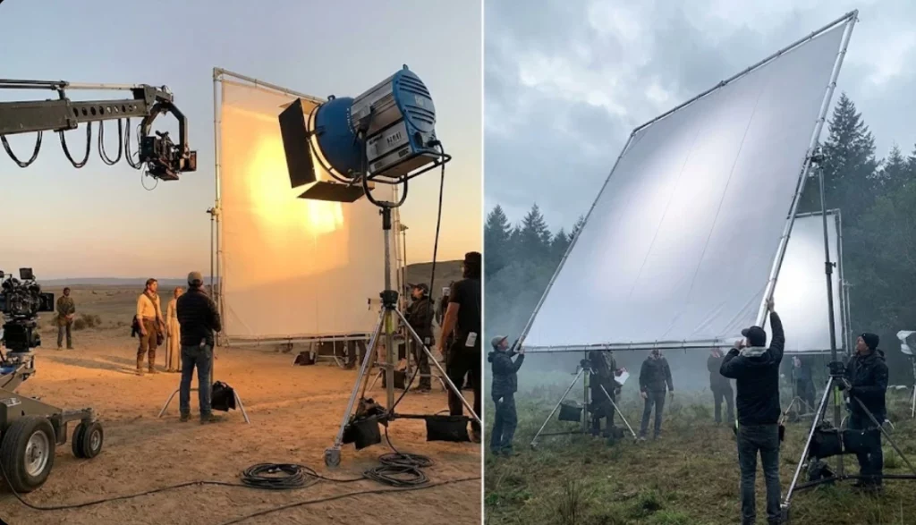 Split screen showing film lighting techniques: a large HMI light simulating sunlight through diffusion on the left, and a large butterfly frame creating overcast lighting on the right.