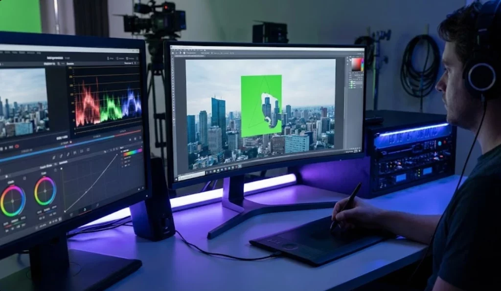 Professional video editor working on a dual-monitor setup using a pen tablet to composite visual effects and green screen elements for a cityscape scene.