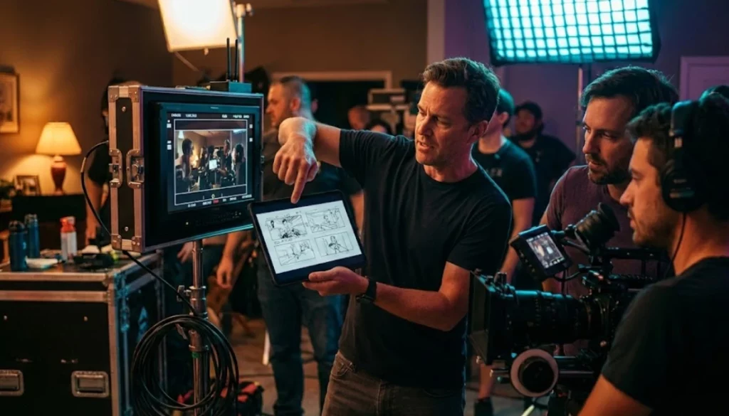 Film director showing a digital storyboard on a tablet to a cinematographer to communicate visual shot lists and framing on a professional set.