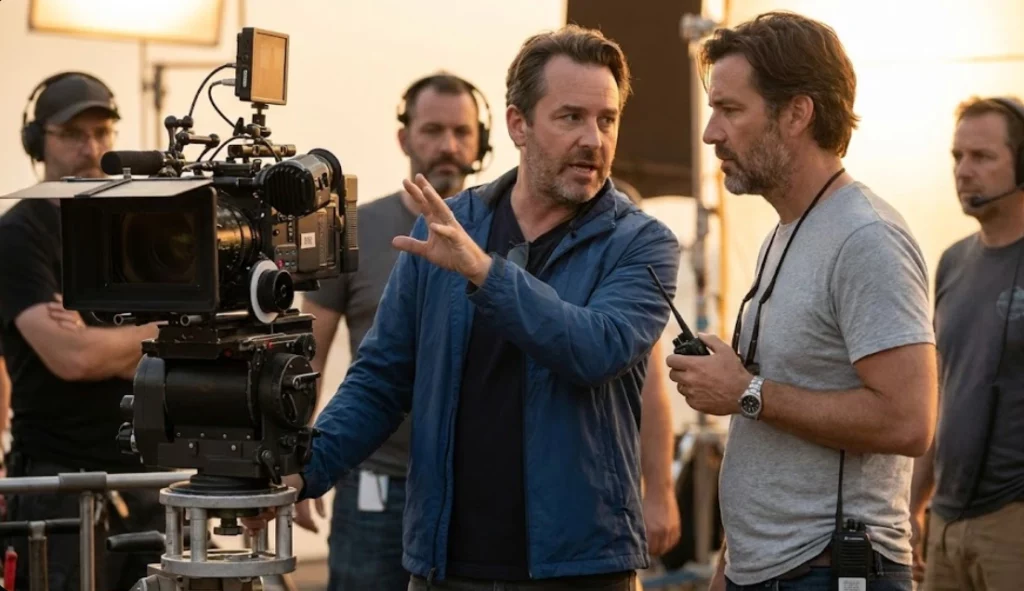 Director having a clear, one-on-one discussion with a crew member on set to clarify shot requirements and production details.