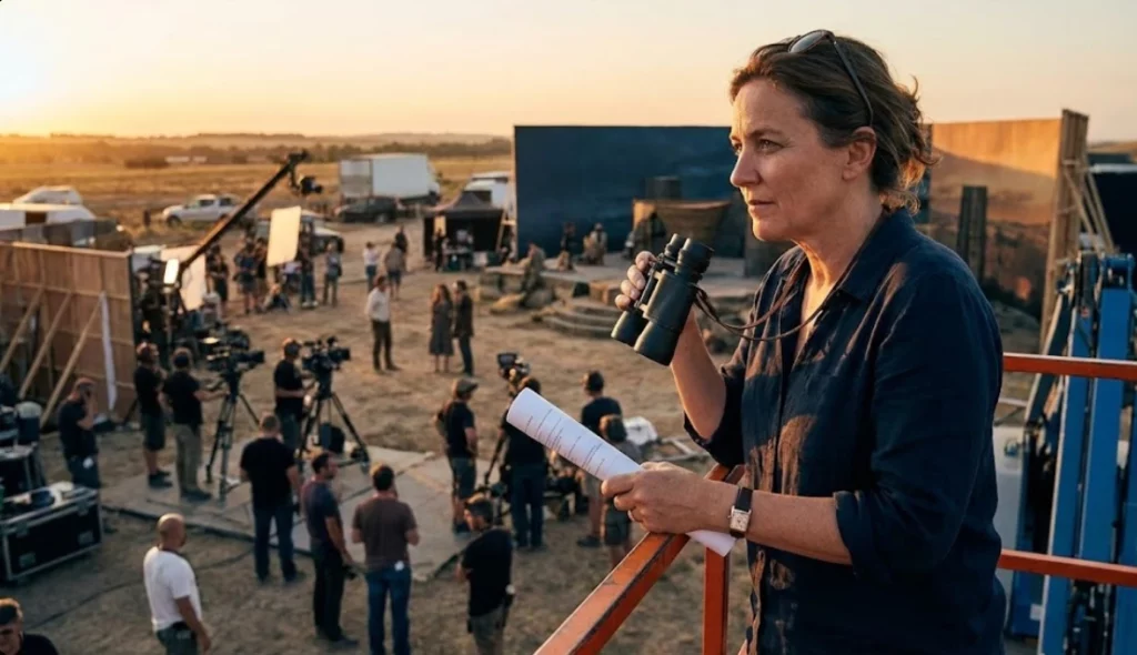 Female film producer overlooking a large outdoor movie set with binoculars and a production schedule, managing the big picture logistics of the shoot.