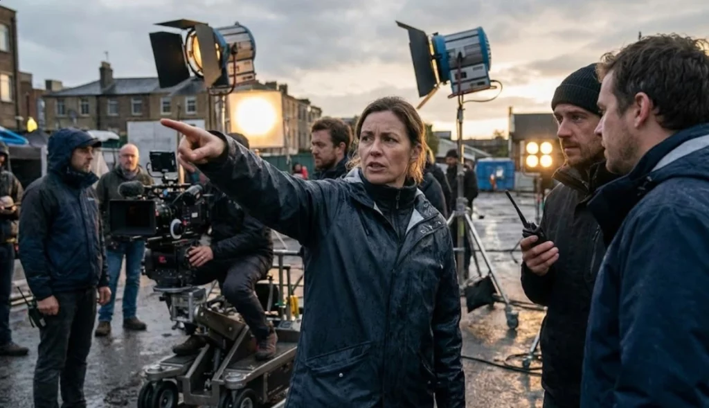 Director giving decisive instructions to the camera crew during a challenging overcast outdoor shoot, demonstrating adaptability on set.
