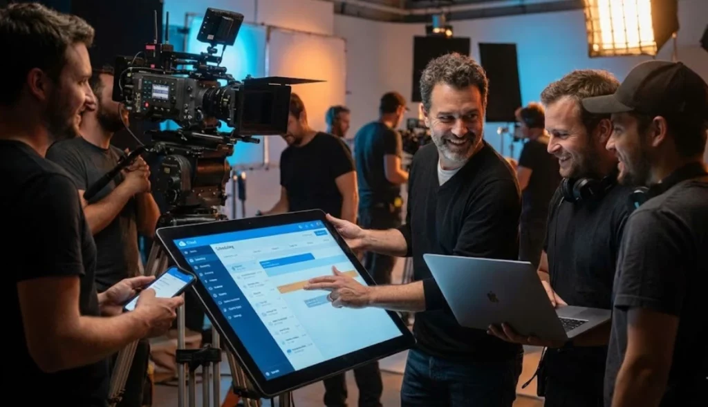 Film production team collaborating around a large touchscreen monitor displaying the Studiovity digital production calendar and scheduling software.