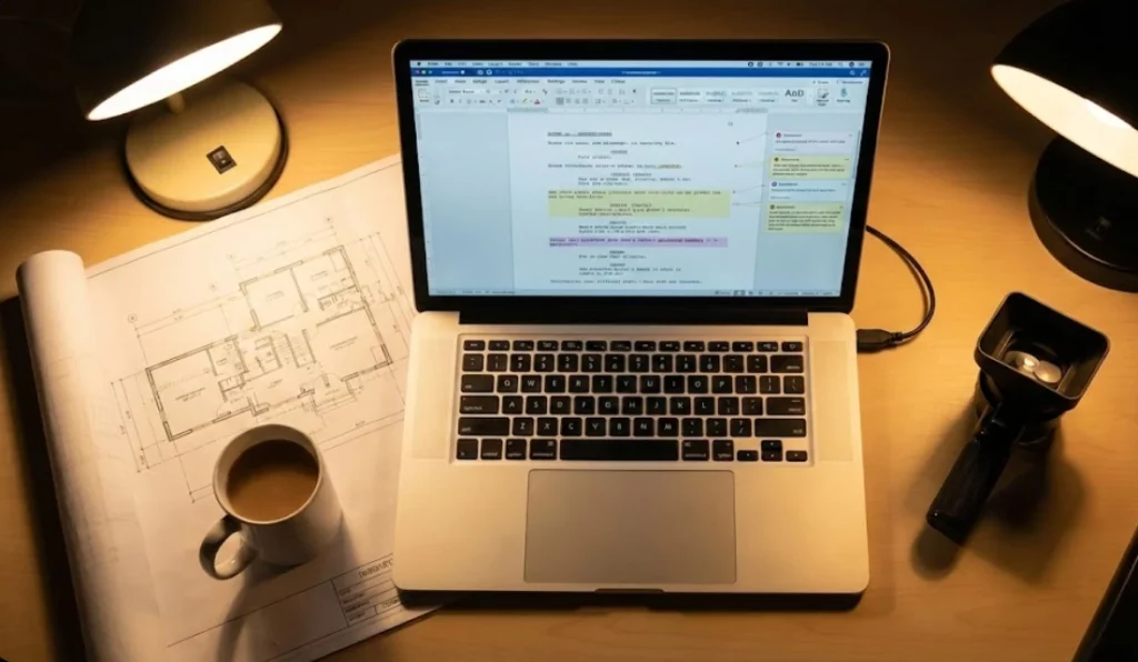 Laptop screen displaying professional screenplay formatting software with correct scene headings and dialogue for a spec script.