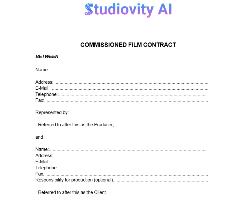 Commissioned film contract template document with producer and client details section