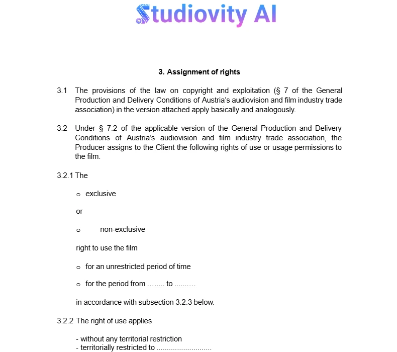 Assignment of rights section in a commissioned film contract agreement template