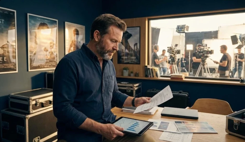 A professional film producer reviewing organized production schedules and distribution contracts on a tablet in a modern studio office.