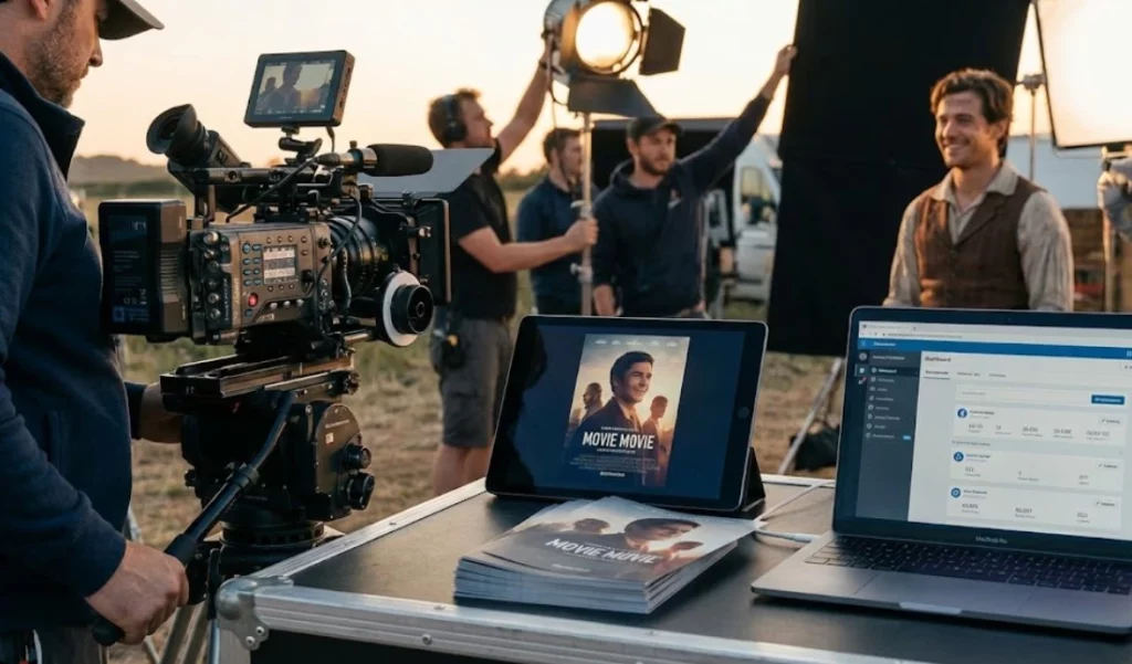 A filmmaking team analyzing behind-the-scenes footage and digital marketing assets on a laptop during a live film shoot.