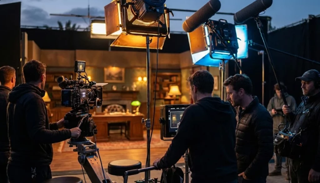Professional filmmakers on a film set preparing a movie for film festival success