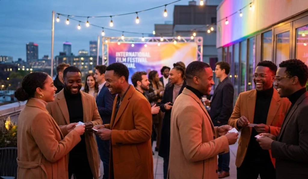 Filmmakers networking at an international film festival to increase chances of winning awards