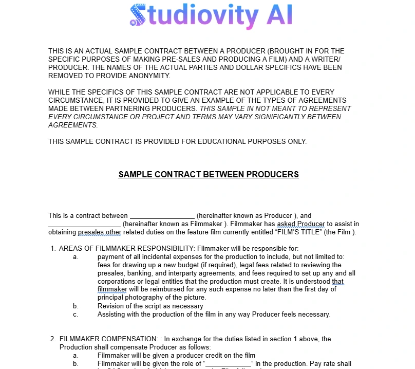 Sample contract between film producers outlining responsibilities, compensation, and production agreement terms