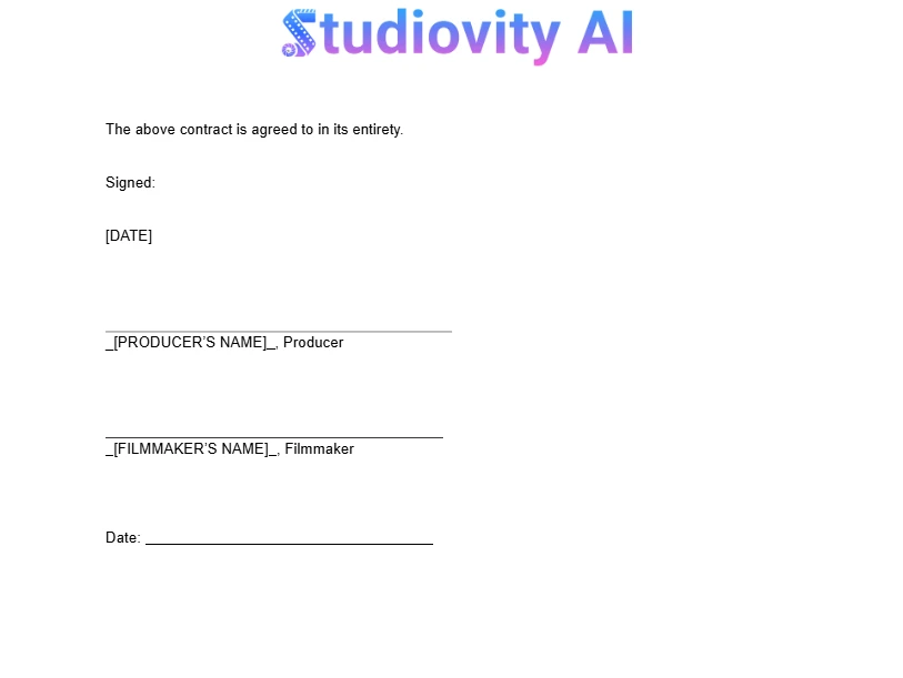 Film producer partnership agreement signature page showing producer and filmmaker signing details