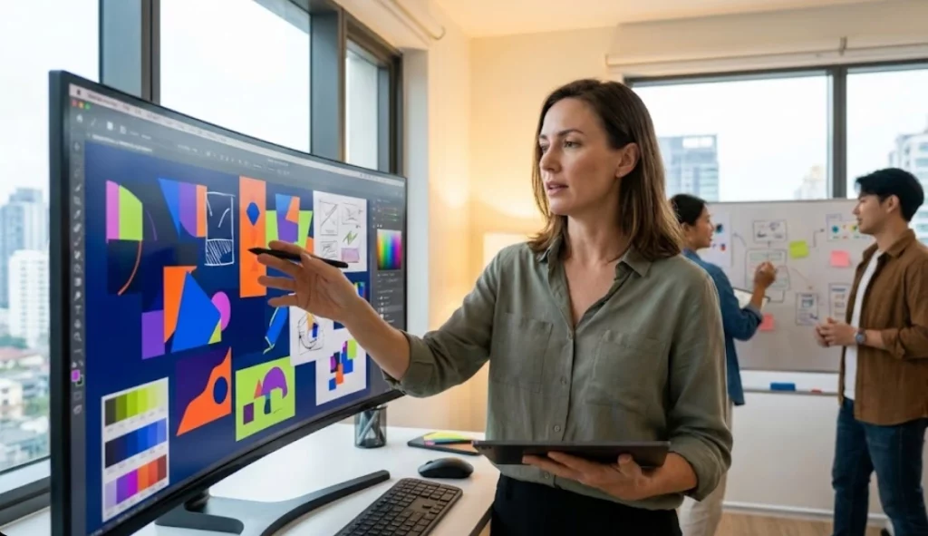 Motion designer creating lower third graphics for video content on a large screen