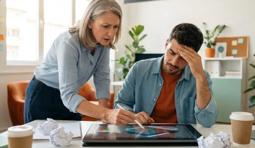 Video editors discussing lower third design layout and on-screen text placement