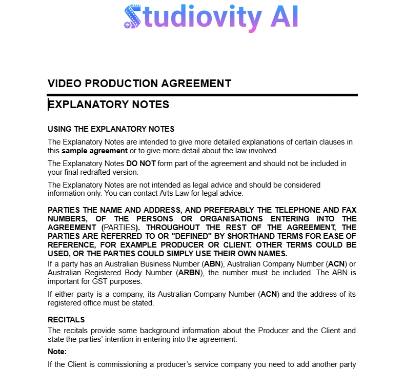 Video production agreement explanatory notes sample document for filmmakers and video producers