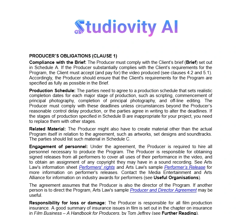 Producer obligations clause in a video production agreement contract template