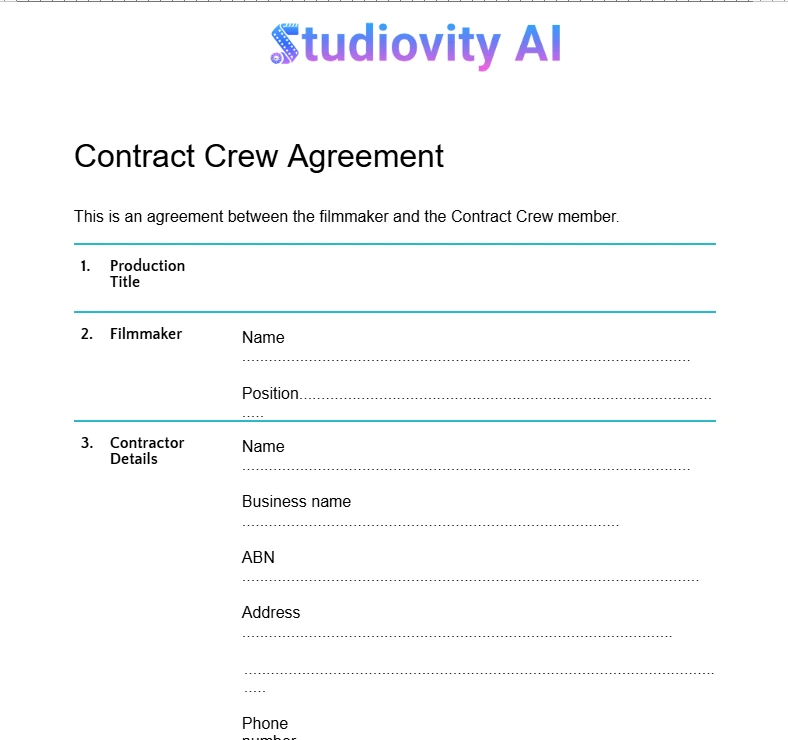 Film production crew contract agreement template showing filmmaker and contractor details – Studiovity AI