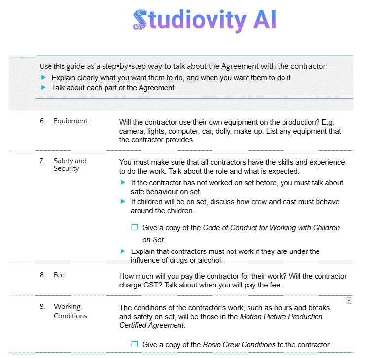Film production crew contract template with fees, safety, working conditions and credits – Studiovity AI