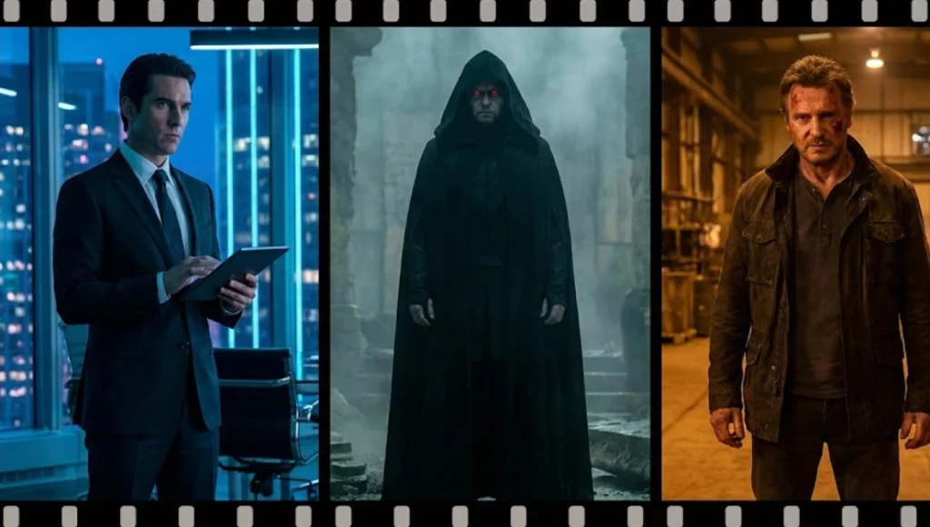 Types of nemeses in cinema showing an intellectual rival, a dark shadow antagonist, and a fallen hero archetype