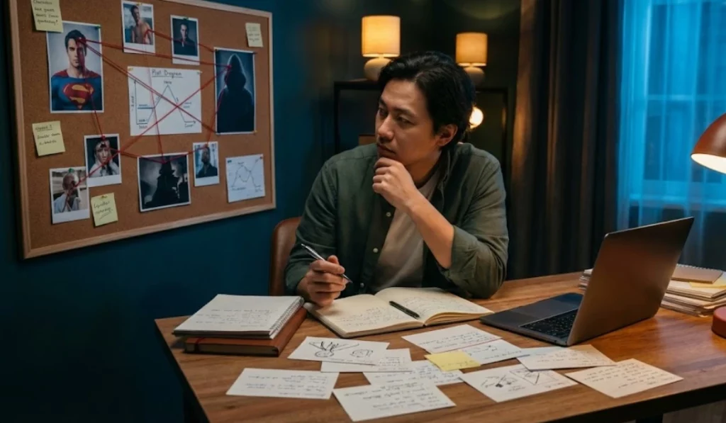 Screenwriter developing a memorable nemesis character using notes, character boards, and story connections