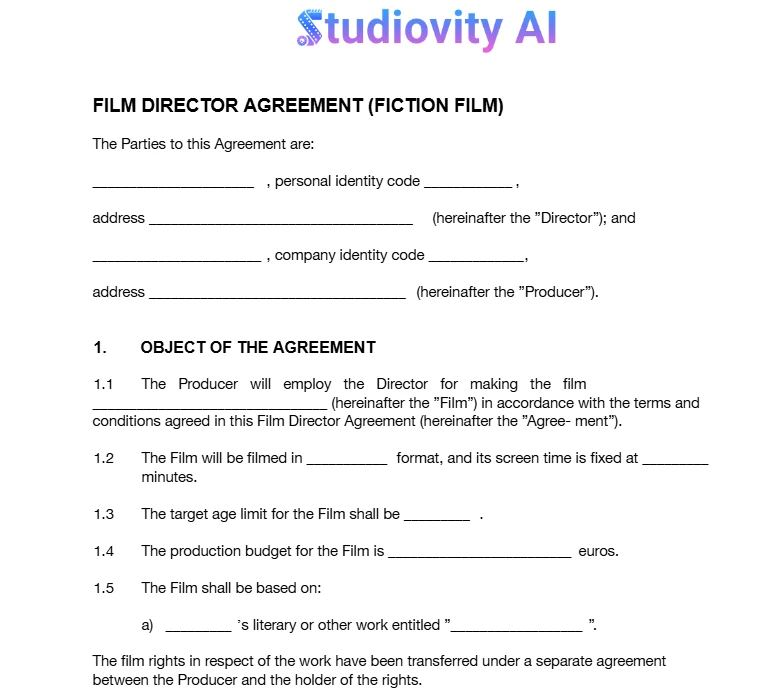 Film director agreement included in film rights production contract template