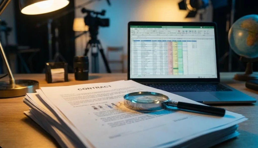 Film Cast and Crew Budgeting breakdown showing contracts, payroll, and talent costs
