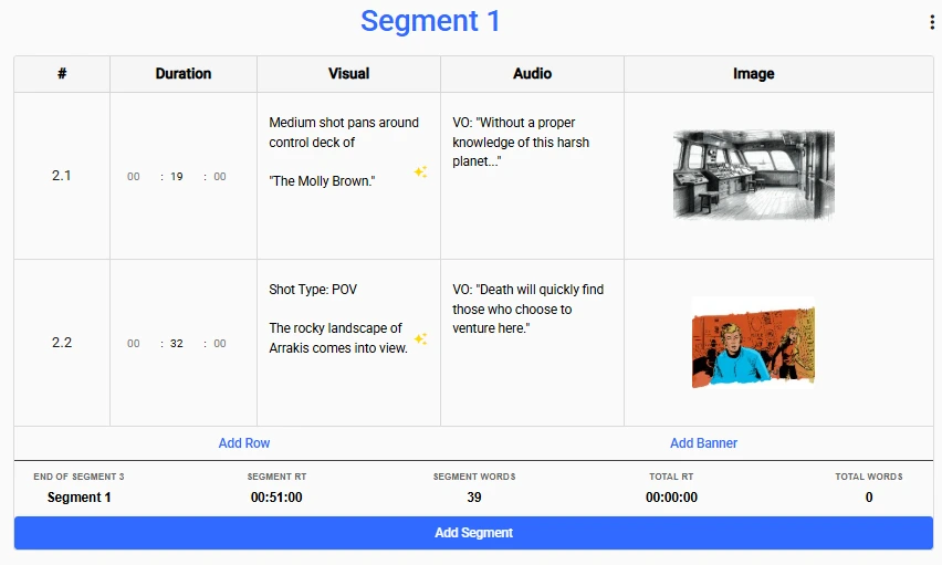 AV script format with storyboard images for video ads and commercials