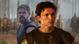Tom Holland as Telemachus and Matt Damon as Odysseus in The Odyssey movie, epic historical drama scene