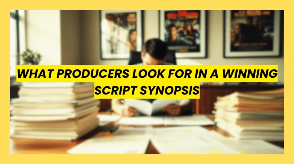 A professional film producer reviewing a winning script synopsis in a busy production office with text overlay.