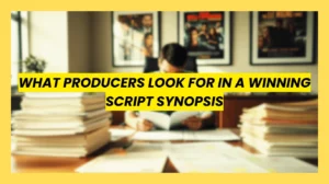 A professional film producer reviewing a winning script synopsis in a busy production office with text overlay.