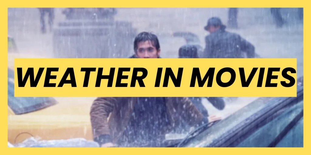 Cinematic movie still featuring a character running through heavy rain with a bold yellow text overlay reading "WEATHER IN MOVIES".