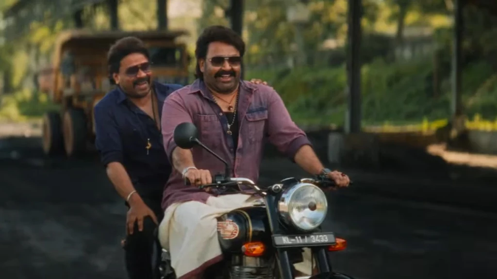 Bha Bha Ba 2025 movie fun-filled riding scene with two main characters sharing a light-hearted moment