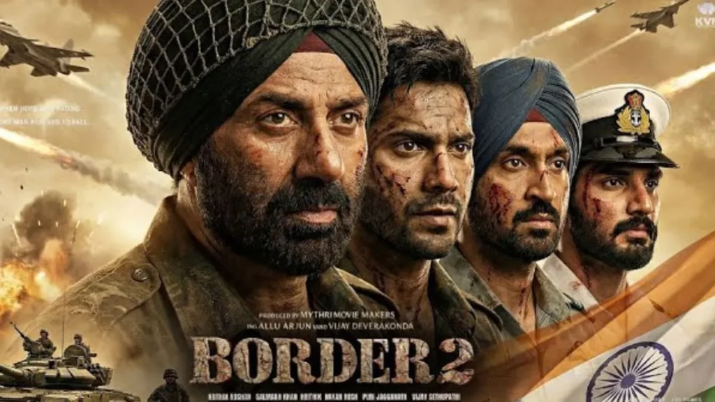Border 2 movie poster showcasing Indian soldiers in an intense war sequence