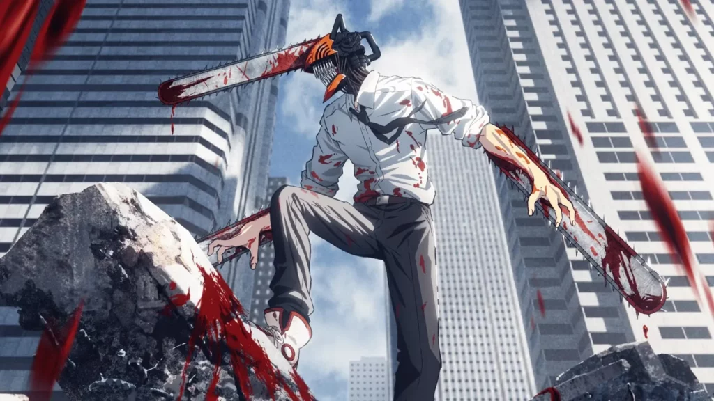 A high-definition shot of Chainsaw Man standing on a ruined building against a cityscape, illustrating the detailed background art and CGI integration typical of MAPPA's 100% investment strategy for the Chainsaw Man movie.