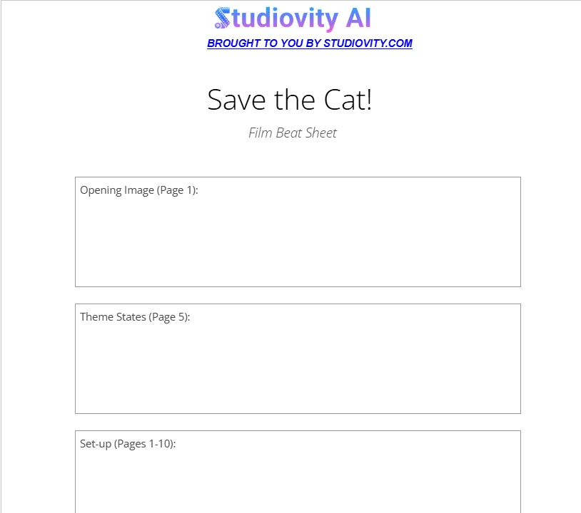 Studiovity AI Save the Cat Beat Sheet Template showing blank sections for Opening Image, Theme Stated, and Set-up for screenwriting structure.