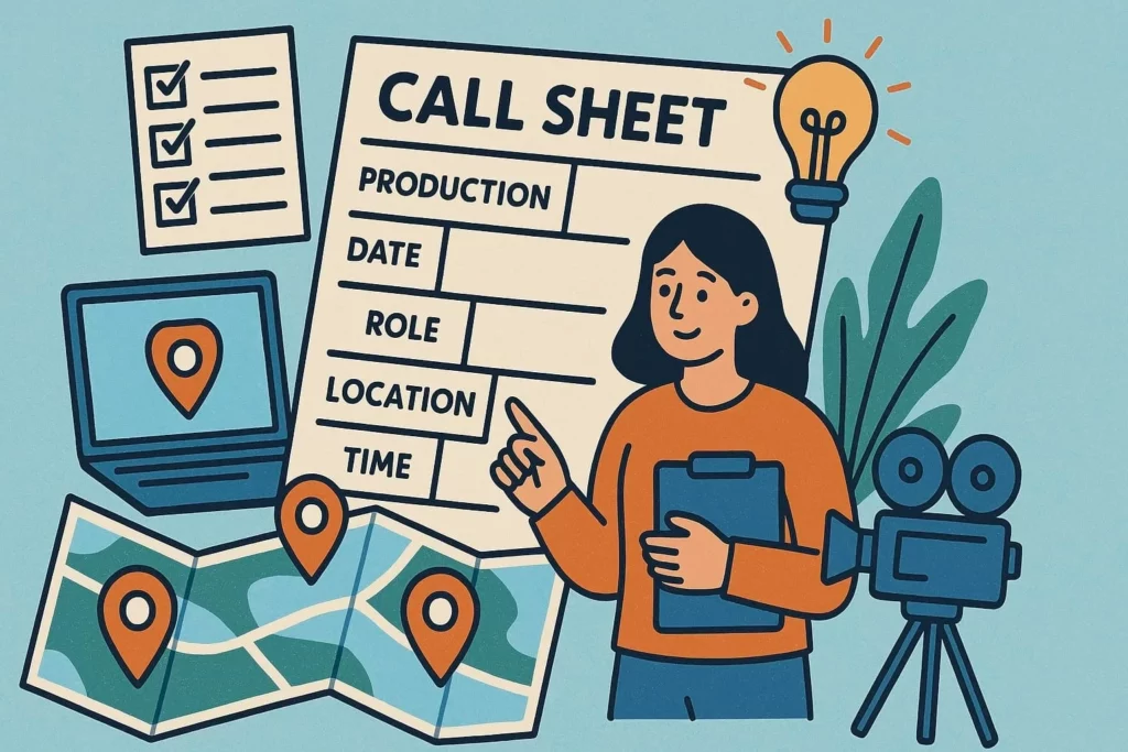 An illustration of a film producer organizing logistics with map pins and checklists, visualizing the process of creating call sheets for multi-location shoots.