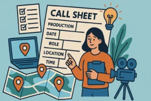 An illustration of a film producer organizing logistics with map pins and checklists, visualizing the process of creating call sheets for multi-location shoots.