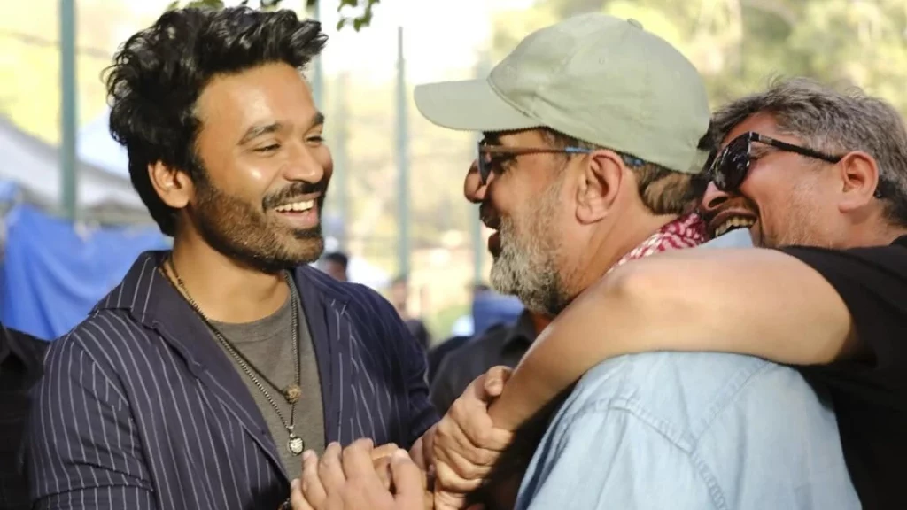 Director Aanand L. Rai and actor Dhanush sharing a candid moment on the production set of Tere Ishq Mein movie Dhanush.