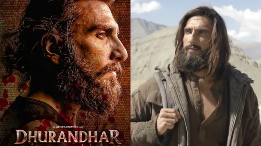 Split image showing a gritty Dhurandhar movie poster title card on the left and a still of Ranveer Singh standing in a rugged mountain landscape on the right.