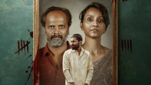 A promotional poster for the movie Stephen featuring the lead actor Gomathi Shankar in the center, flanked by an older man and woman (portraying his parents), set against a background with bloody tally marks.