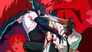 Key visual art for the Chainsaw Man movie: Reze Arc, depicting a dramatic clash between Chainsaw Man and Reze (Bomb Girl) in vivid colors, highlighting complex character animation.