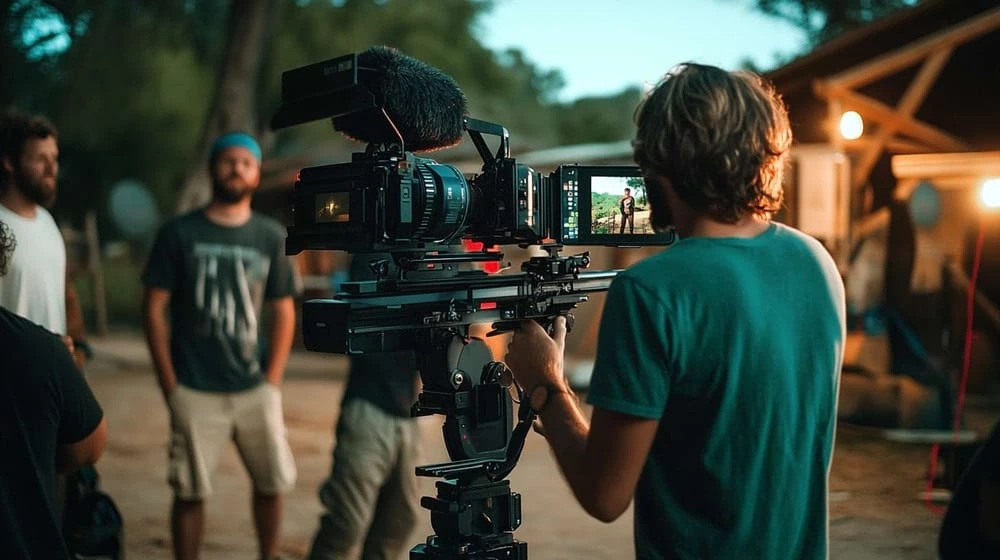 A cinematographer operates a professional cinema camera rig on an outdoor film set, filming a scene with an actor visible on the monitor, while crew members stand in the background, illustrating on-set production logistics.