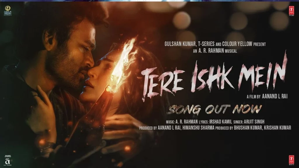 Official poster of Tere Ishq Mein movie Dhanush featuring Kriti Sanon and a lit Molotov cocktail symbolizing rage and romance.