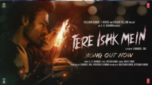 Official poster of Tere Ishq Mein movie Dhanush featuring Kriti Sanon and a lit Molotov cocktail symbolizing rage and romance.